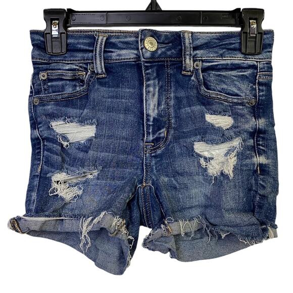 American Eagle Hi Rise Shortie Distressed Blue Denim Cut Off Shorts Size 0 - Picture 1 of 5